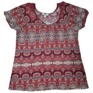 Vintage America Blues‎ XL Red Patterned Short Sleeve Top Blouse Boho Casual (E)